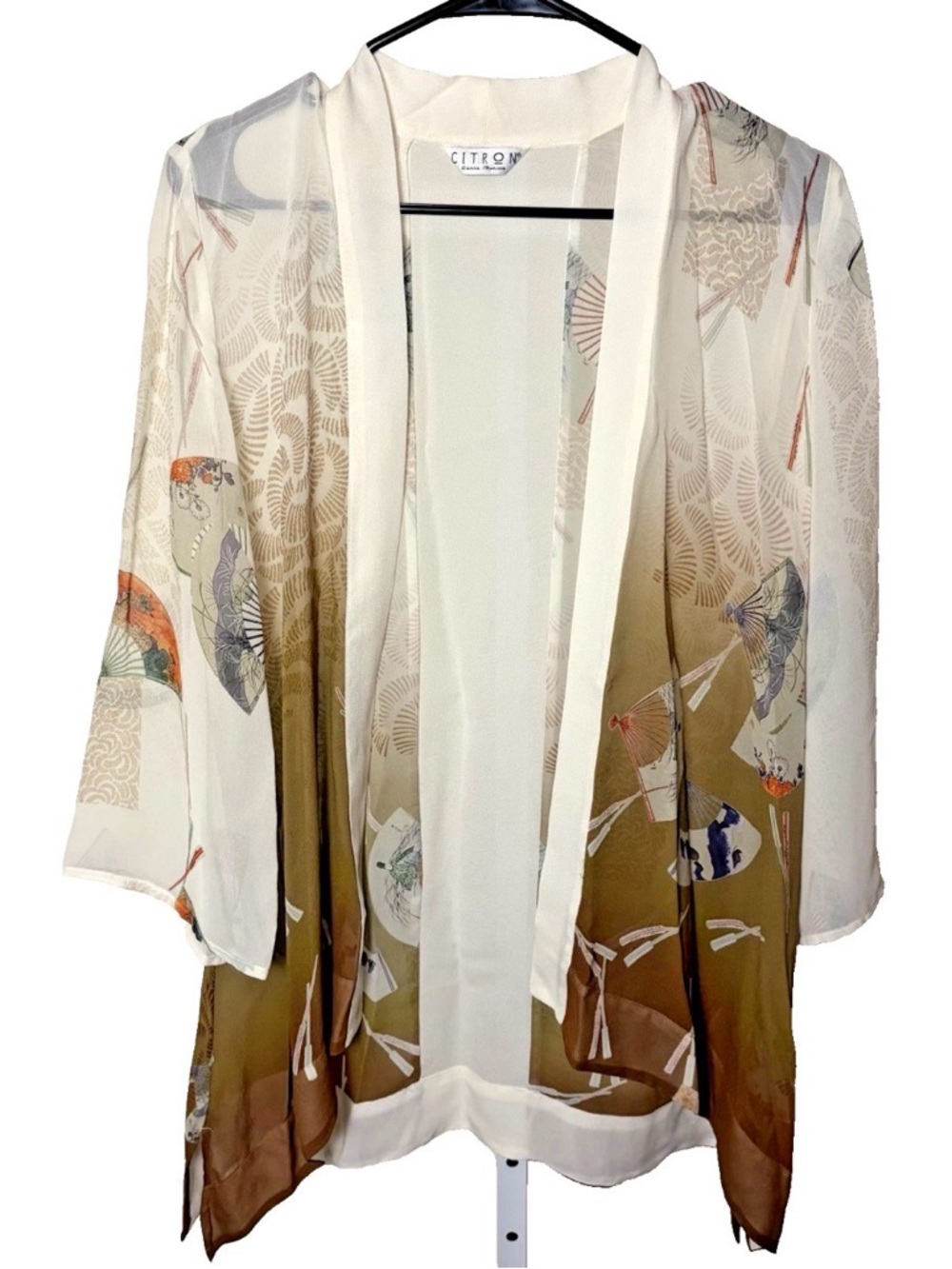 Citron Santa Monica Sheer Chiffon Kimono Japanese Fan Print Art to Wear Duster